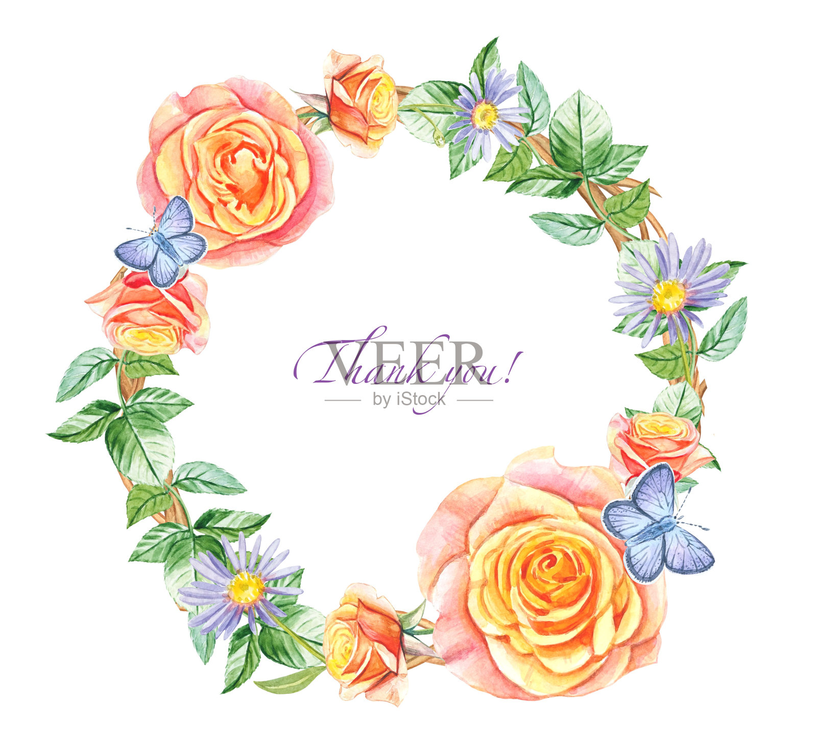 用黄粉玫瑰和树叶编成的花环。水彩插图插画图片素材