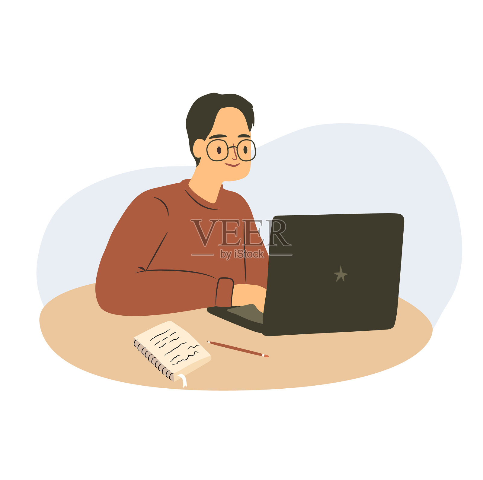 学生坐在桌子上和一个笔记本电脑工作的人设计元素图片