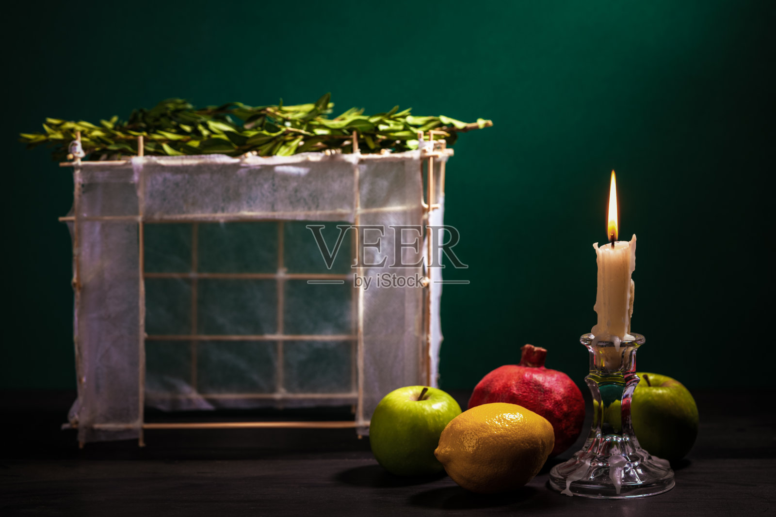 小屋是用纸盖上树叶做成的。住棚节快乐。照片摄影图片