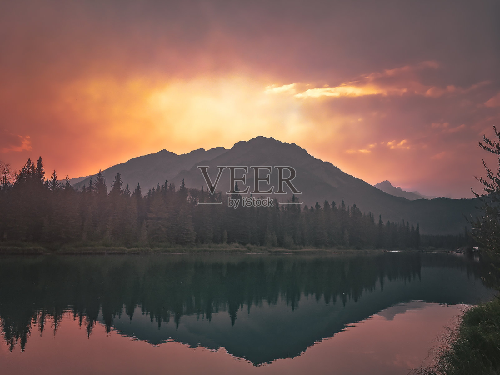 班夫的森林大火日落照片摄影图片