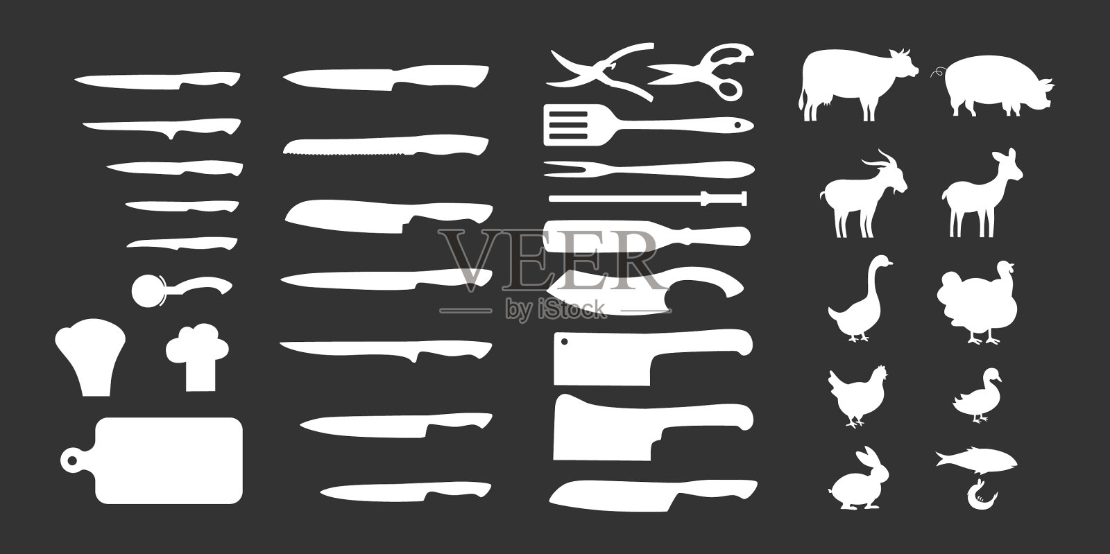 肉类符号和厨师刀轮廓集图标素材