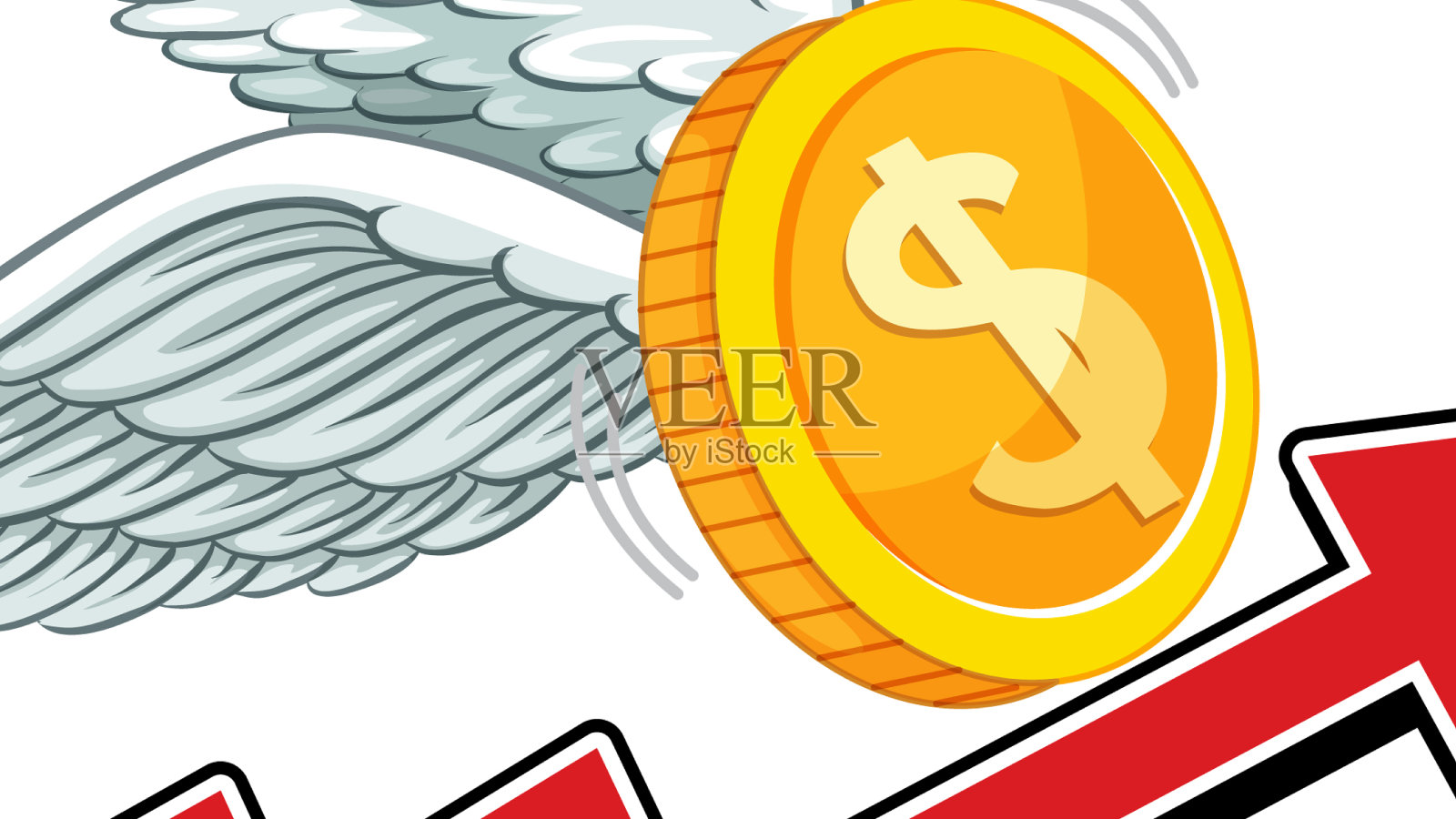 一枚有翅膀和红色箭头的硬币插画图片素材