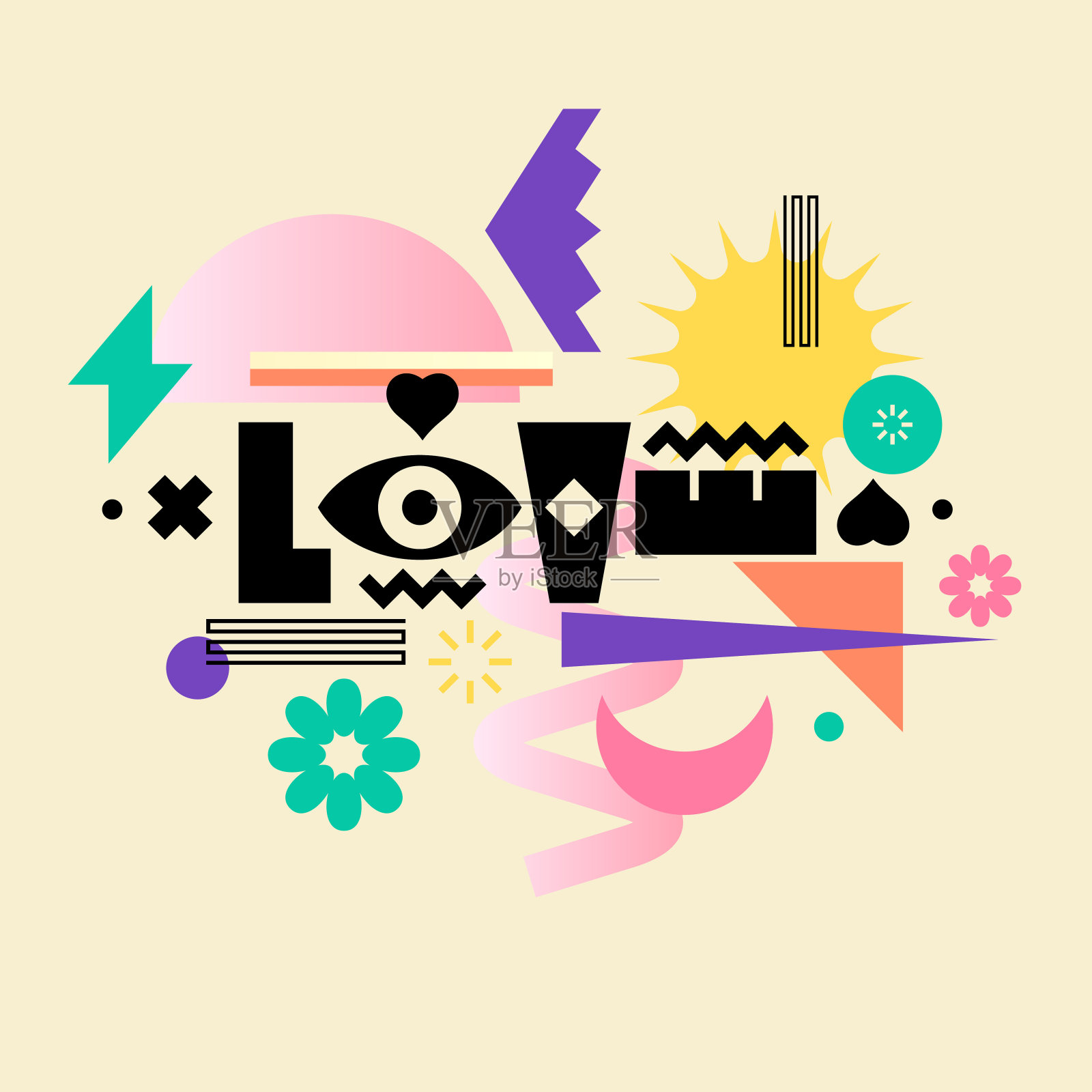 铭文是爱，以明亮的挑衅风格，各种几何元素。时尚现代浮华的设计。插画图片素材