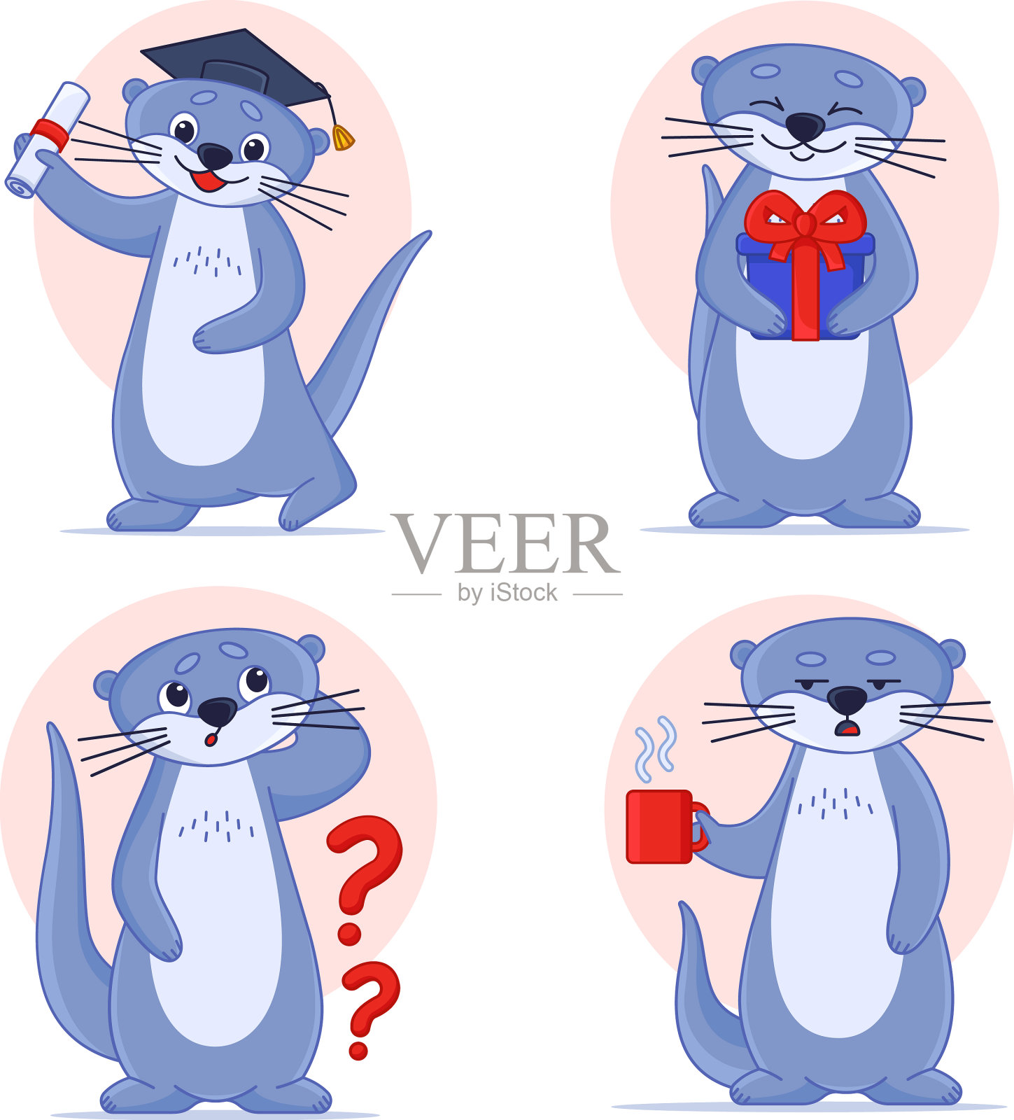 一套卡通水獭角色思考持有插画图片素材