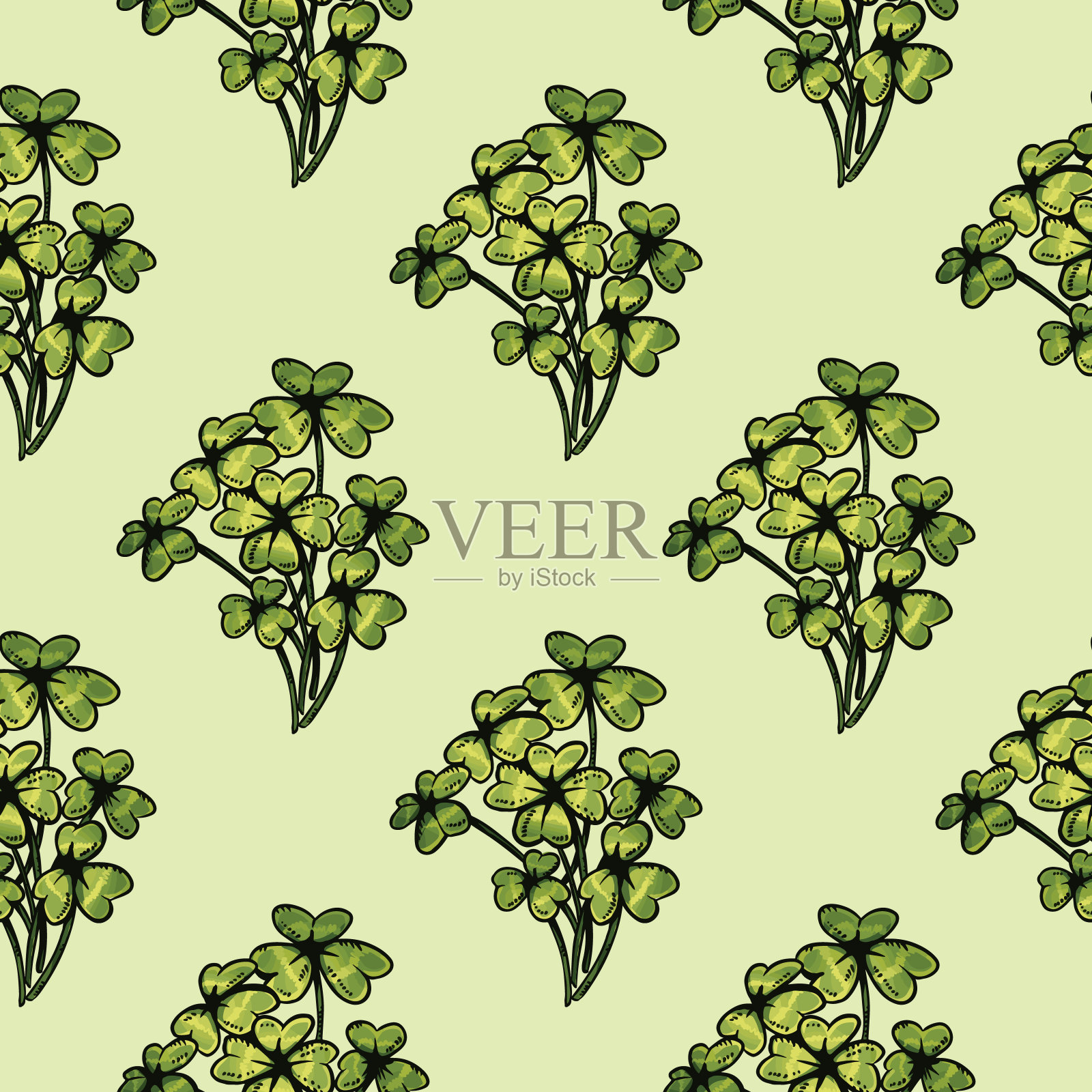 可爱卡通三叶草涂鸦三叶草花朵无缝边框图案。夏季矢量可重复的背景纹理瓷砖。舒适模板的股票打印包装设计，墙纸插画图片素材
