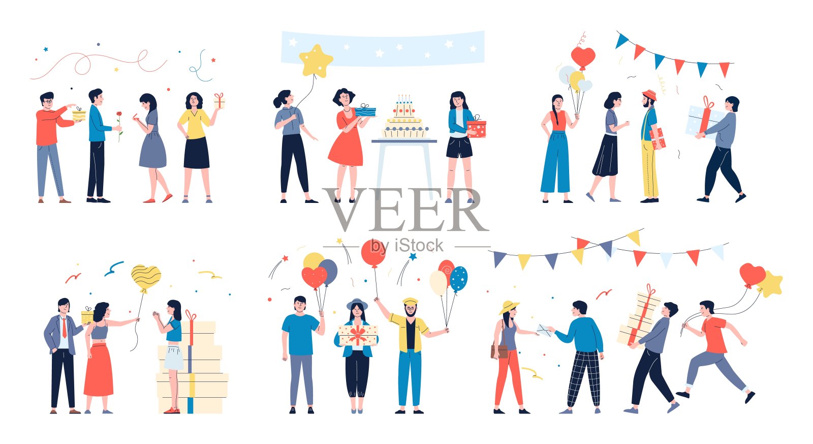 朋友的生日派对，五彩纸屑和礼物。家人祝贺和庆祝。庆祝周年快乐，同事事件最近矢量场景插画图片素材