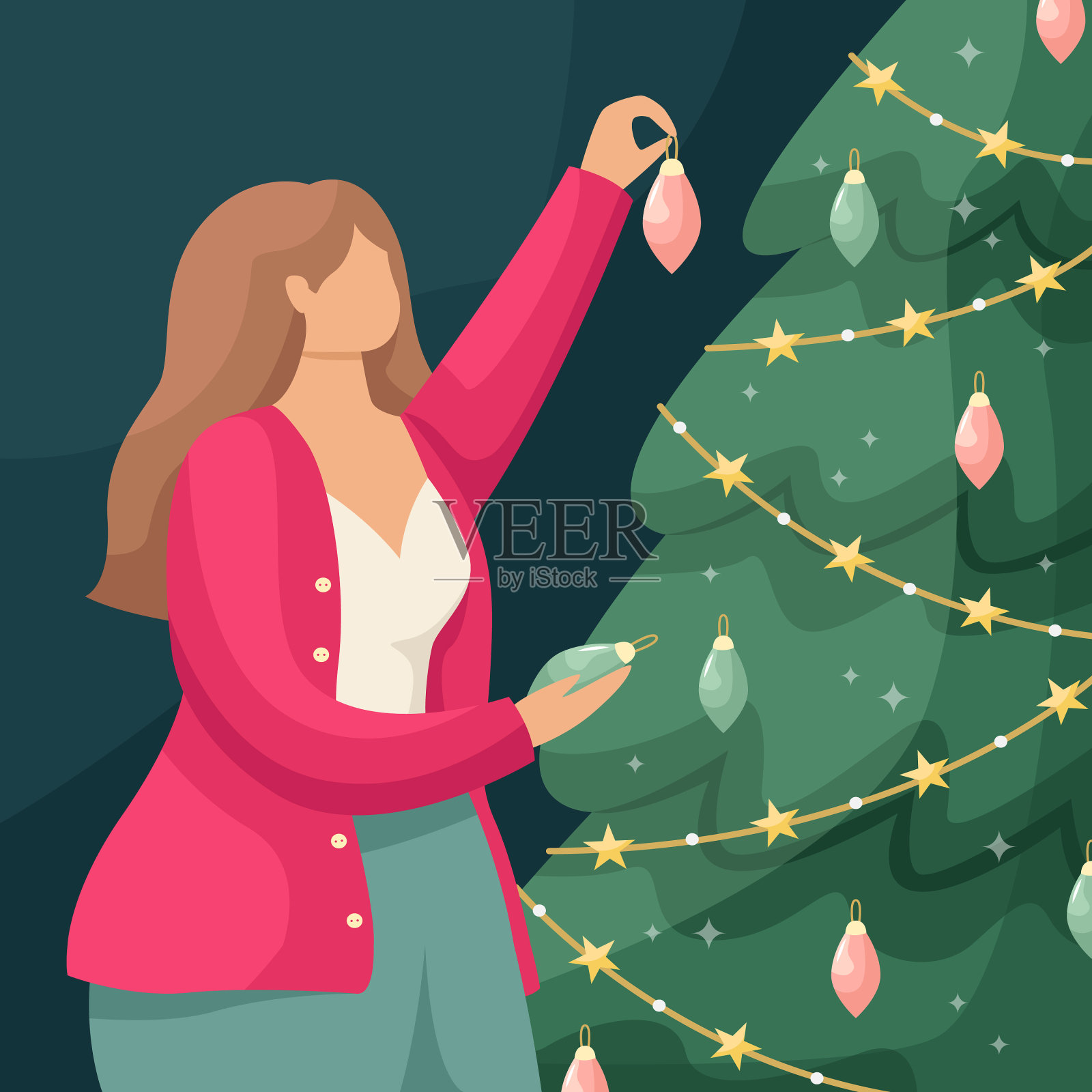 一个女孩在圣诞节挂圣诞球插画图片素材