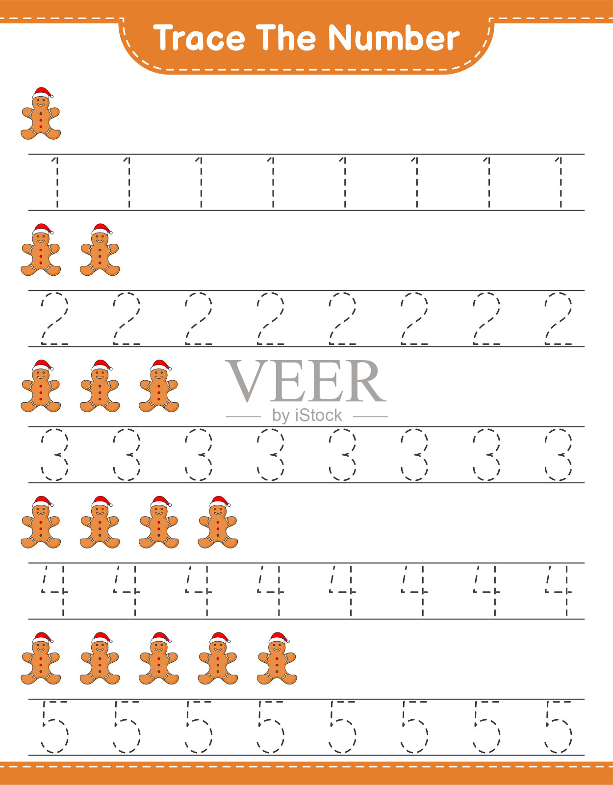 跟踪号码。用姜饼人追踪号码。教育儿童游戏，可打印的工作表，矢量插图插画图片素材