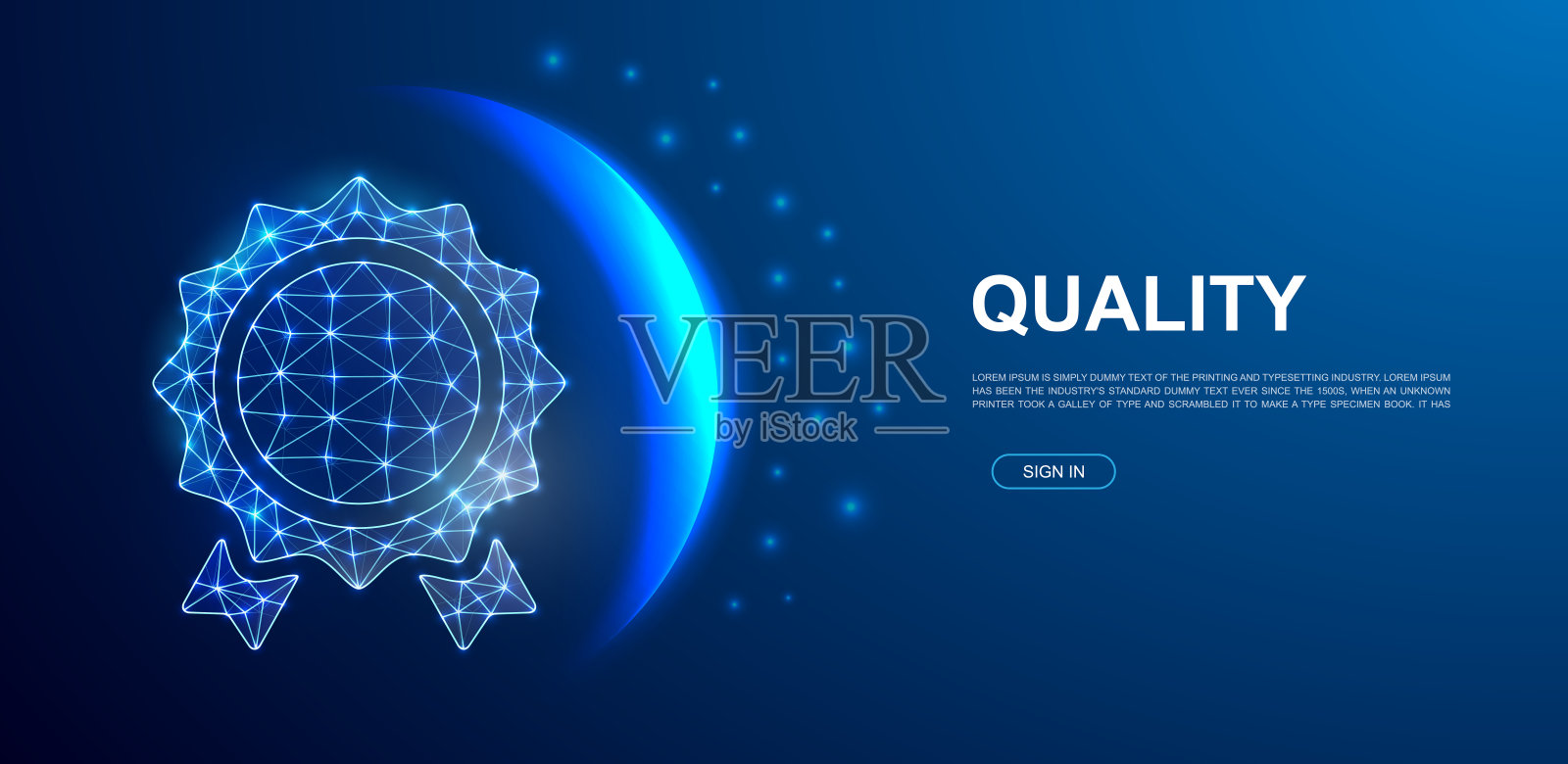 奖章三维多边形符号着陆页模板。推广横幅设计的低多边形奖励插图。认可的设计说明概念。插画图片素材