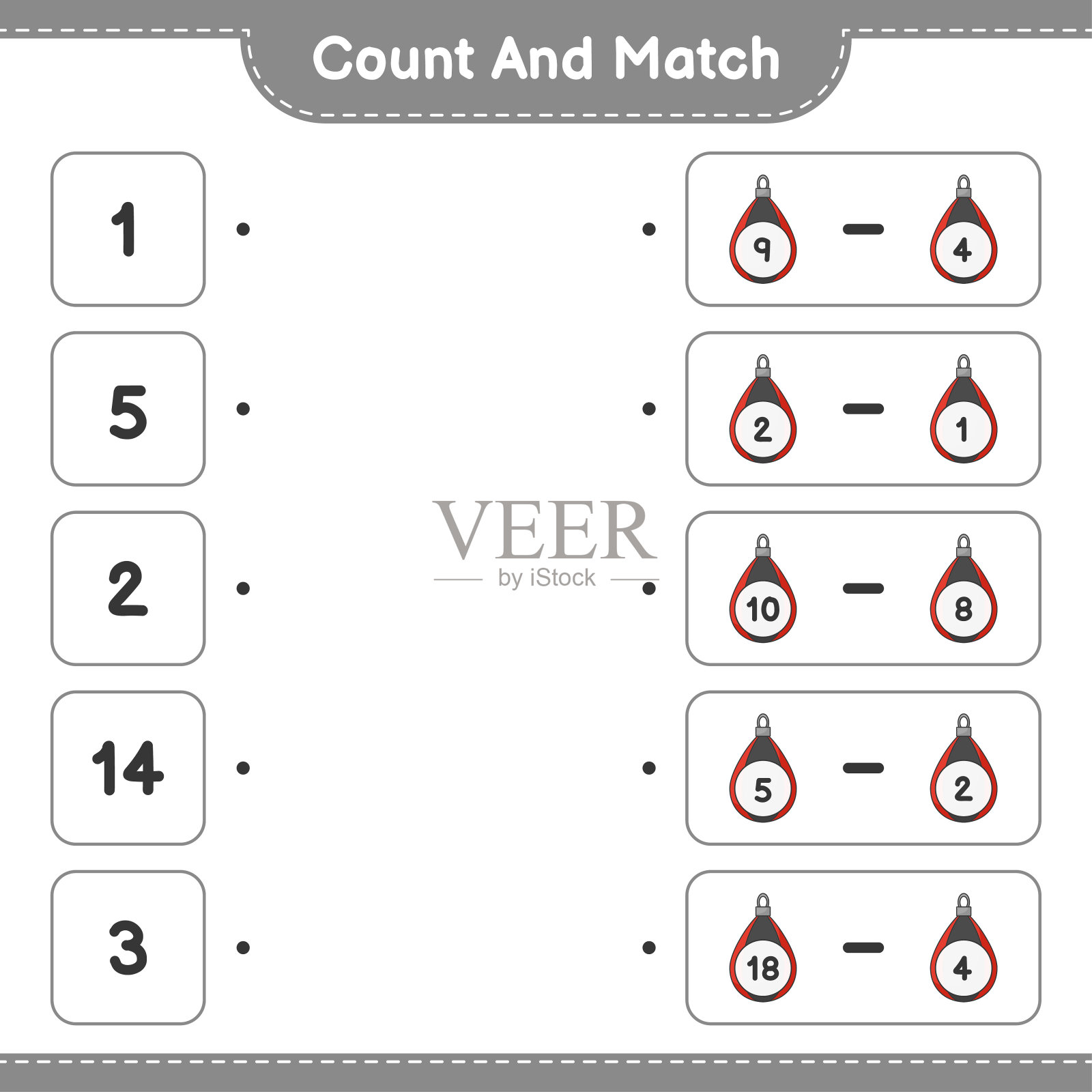计算和匹配，计算出拳袋的数量，并与正确的数字匹配。教育儿童游戏，可打印的工作表，矢量插图插画图片素材