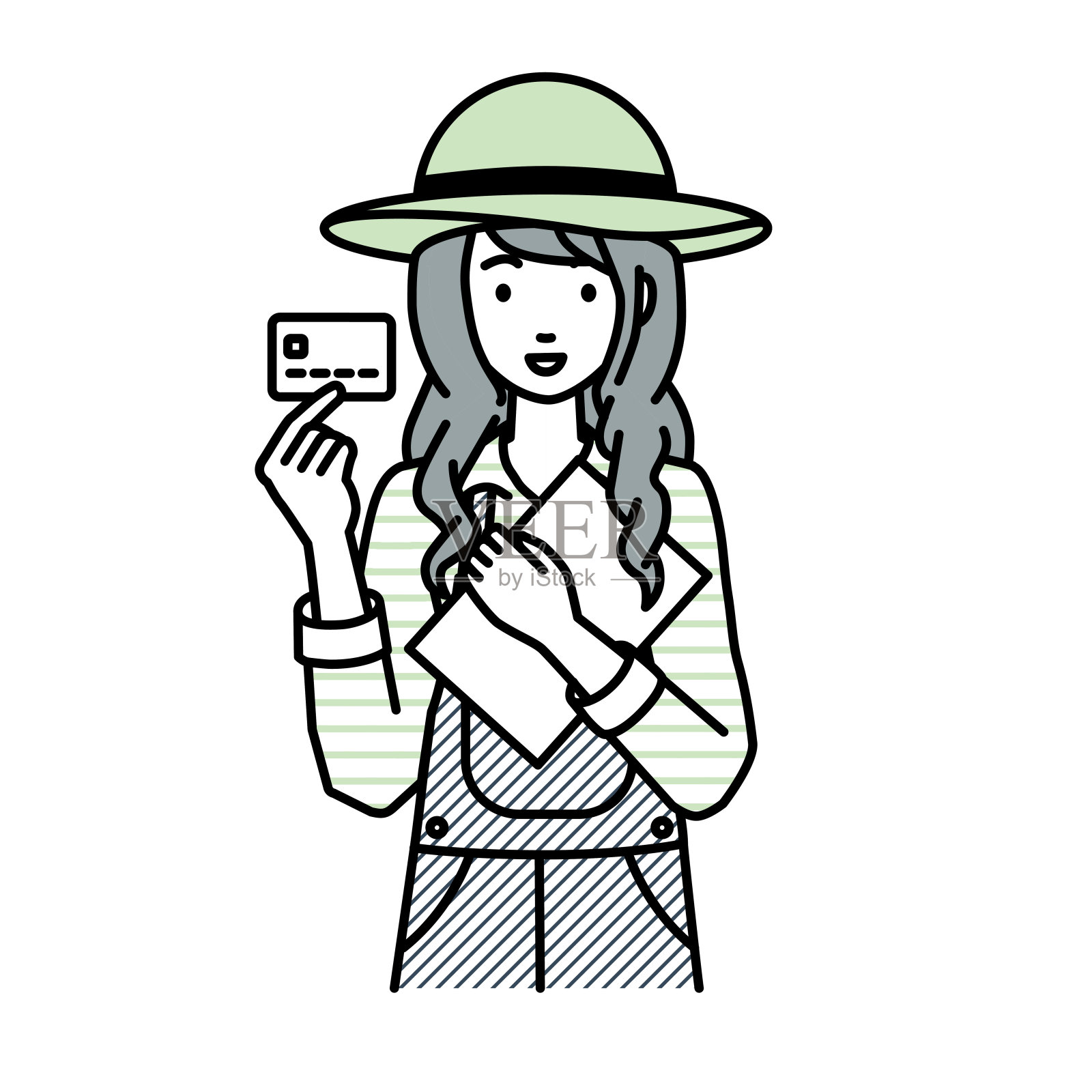 一个拿着信用卡和笔记本电脑的农妇插画图片素材