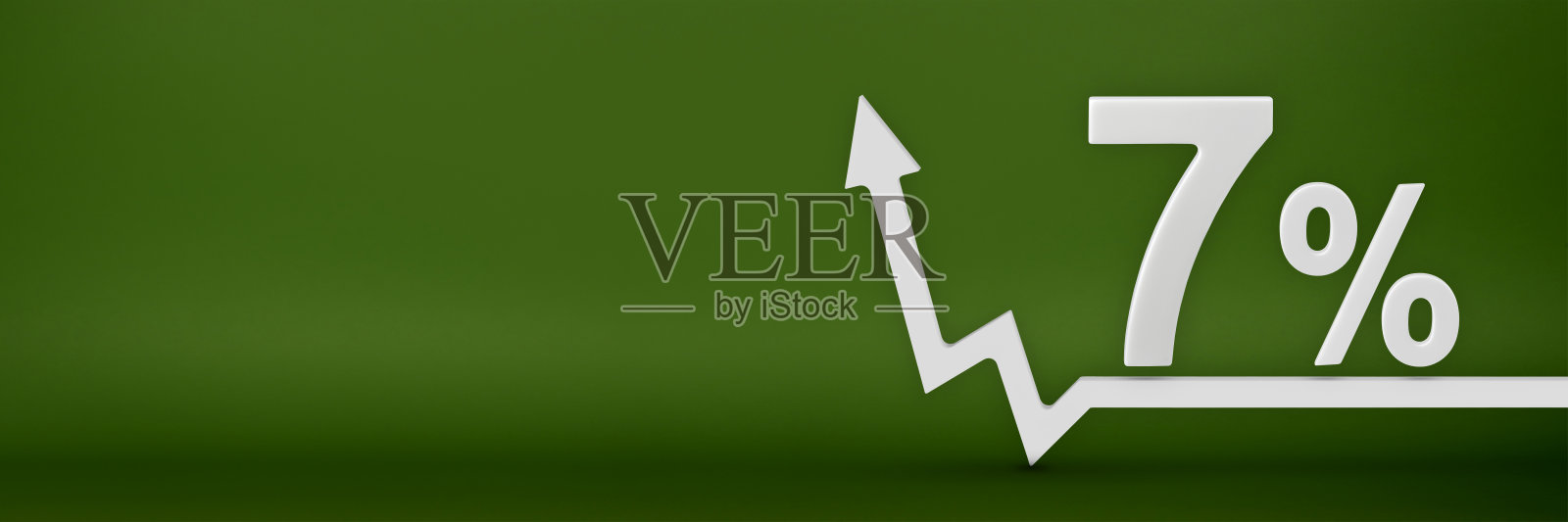7%。图上的箭头指向上方。物价上涨，通货膨胀，收入增加，利率增加，税收增加。3d横幅，7%的标志折扣在绿色的背景。照片摄影图片