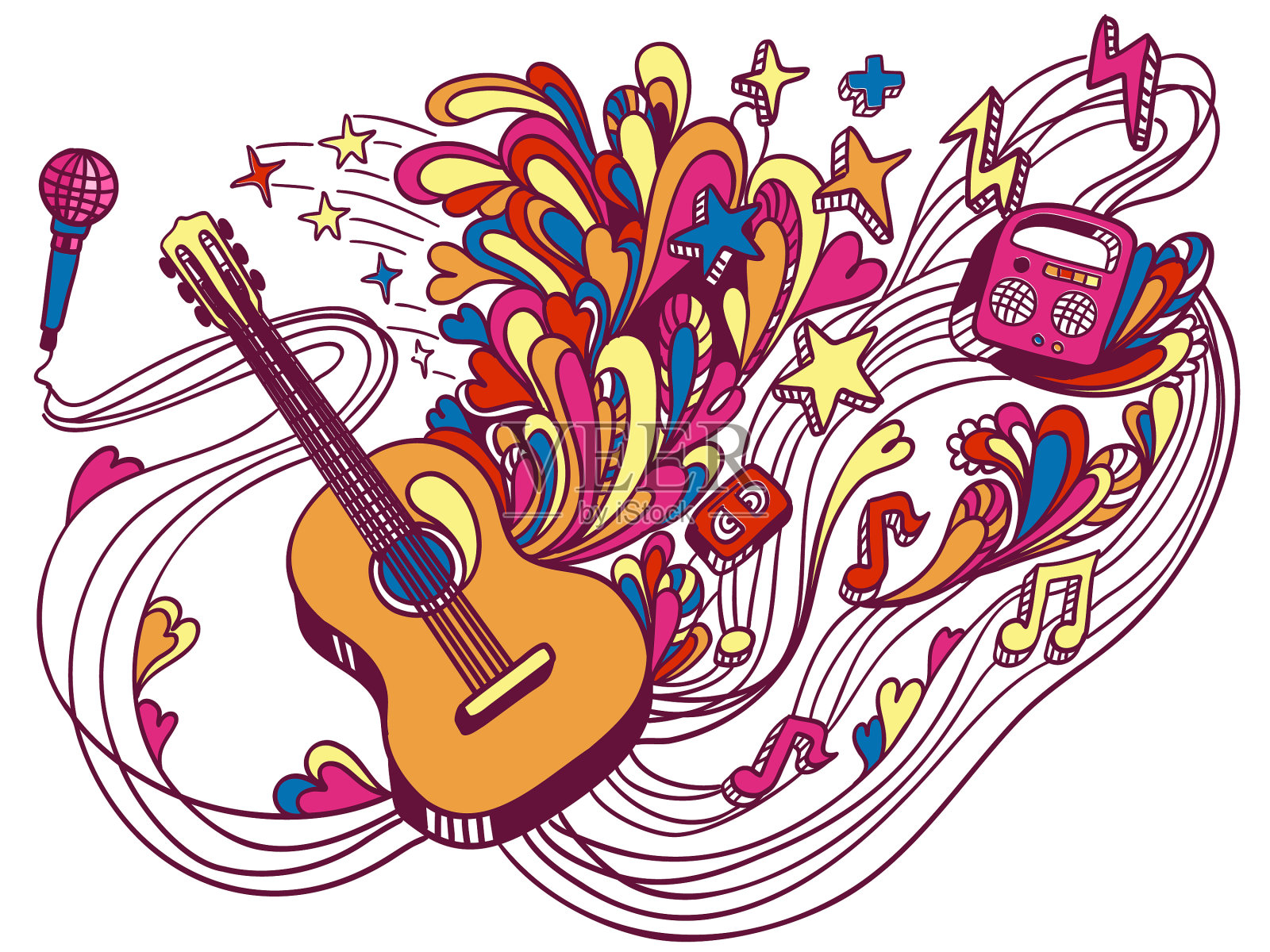 音乐涂鸦吉他颜色与音乐装饰设计元素图片