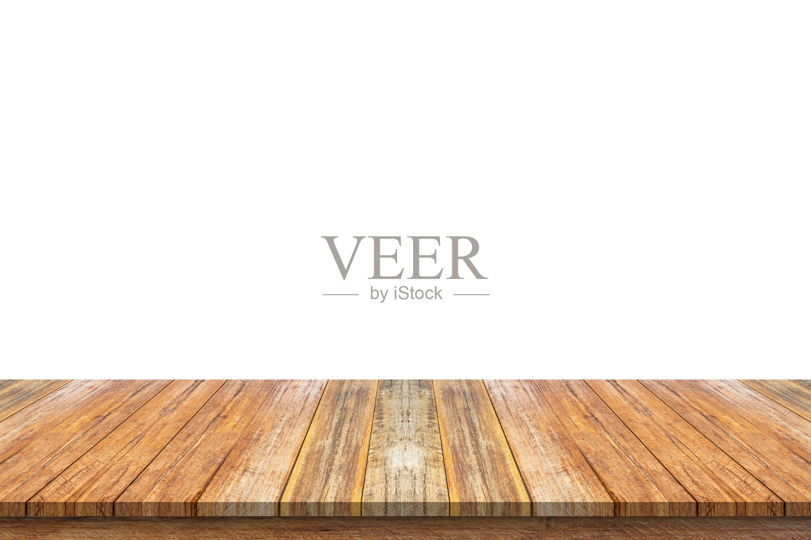 空的木制桌面隔离在白色背景上，用于展示产品照片摄影图片