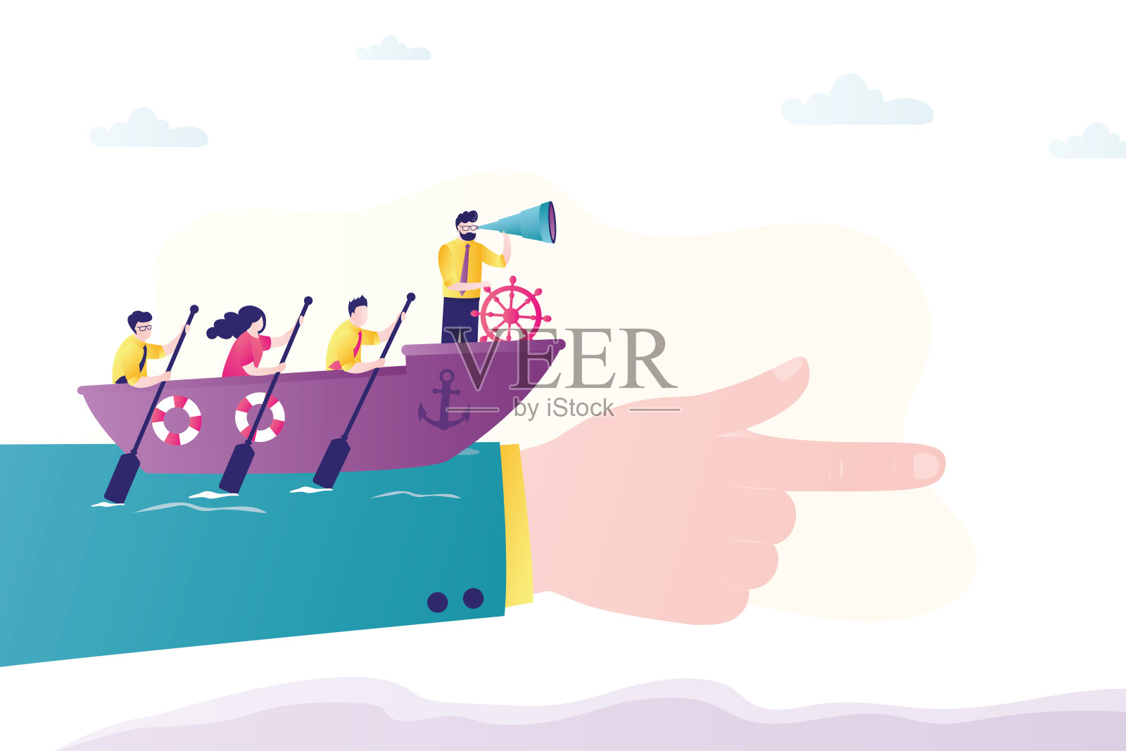 商业团队正乘风破浪。大手表示正确的方向。自信的领导者使用望远镜和搜索方向。男老板掌舵。的领导下,成功的团队合作。插画图片素材