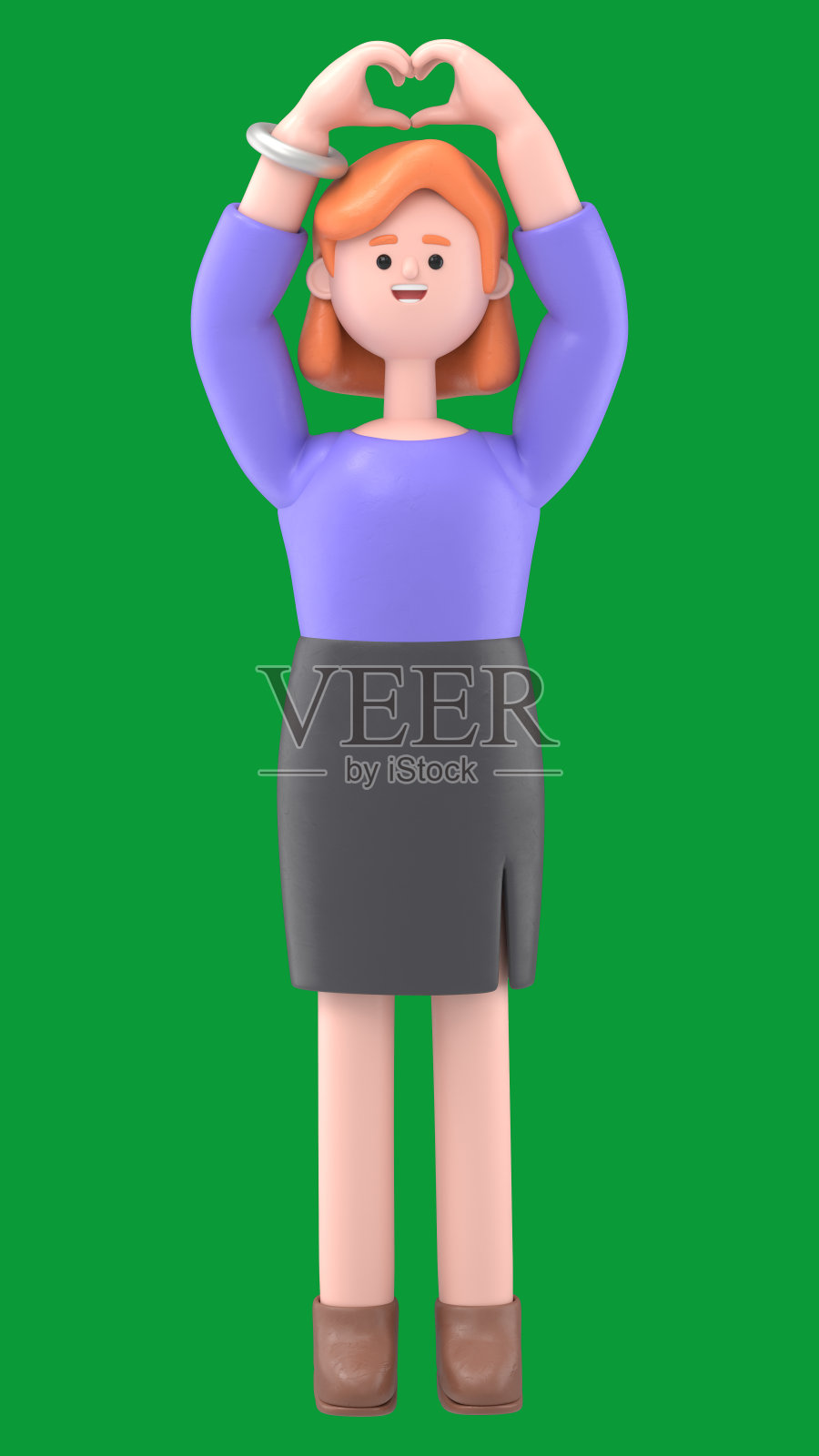 绿屏模型。格式16:9.3D插图微笑的女商人艾伦显示心脏的姿态，做出赞美，爱的标志在绿色屏幕上的镜头和剪辑路径。照片摄影图片