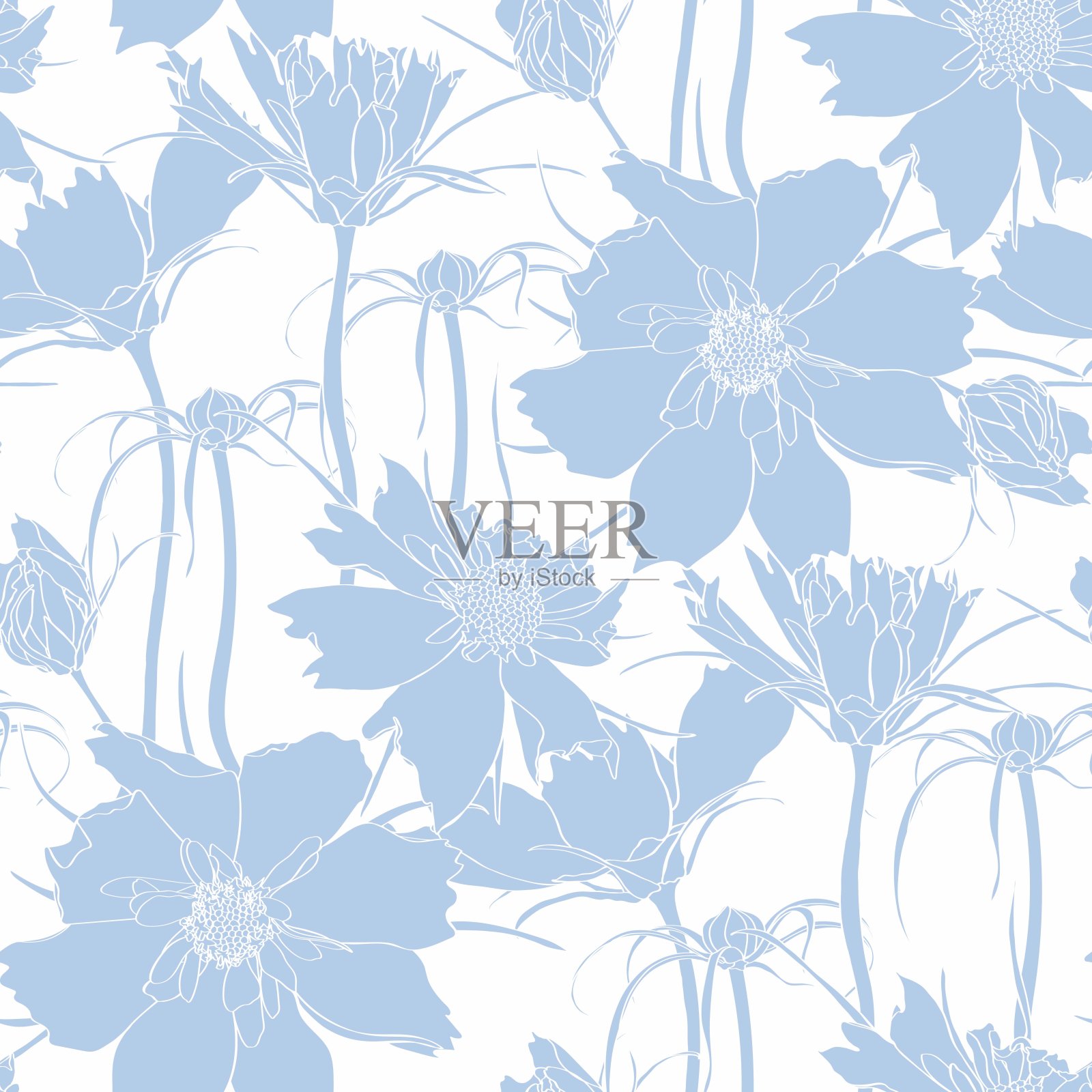 无缝的花卉图案背景线蓝色宇宙花和叶子绘制插图。插画图片素材