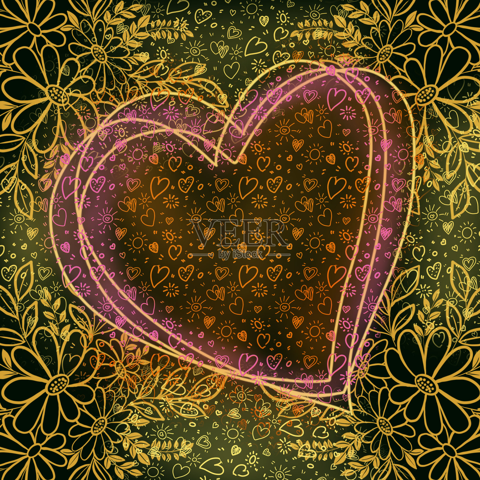 核心框架。礼品卡花黑暗的背景。设计卡通贺卡模板，婚礼邀请，情人节背景设计模板素材