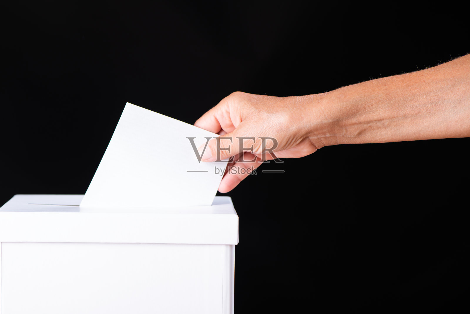 选举日投票。白种白人妇女的手把空白的选票放在箱子里照片摄影图片