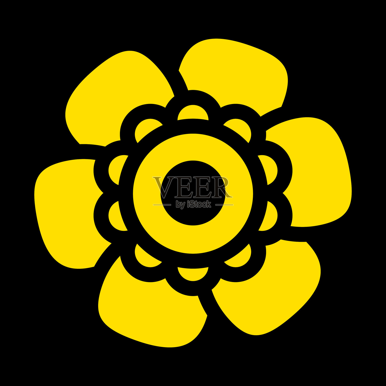 黑色上的金色单瓣孤立的扁平花插画图片素材