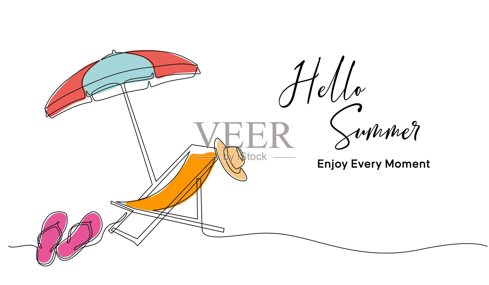 暑假概念，热带海滩在单线涂鸦风格插画图片素材