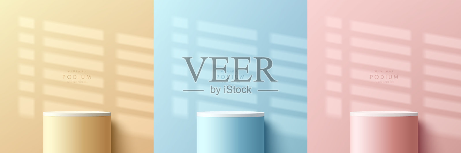 一套粉红色，黄色，蓝色和白色现实的3d圆柱体站或讲台与窗口的阴影叠加背景。向量的几何形式。抽象最小场景，用于产品展示、促销展示。插画图片素材