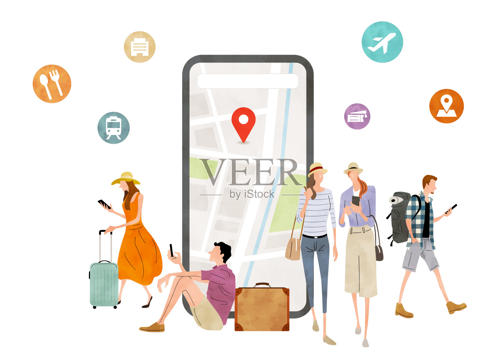 矢量插画材料:人们，在智能手机上查看地图的旅行者插画图片素材