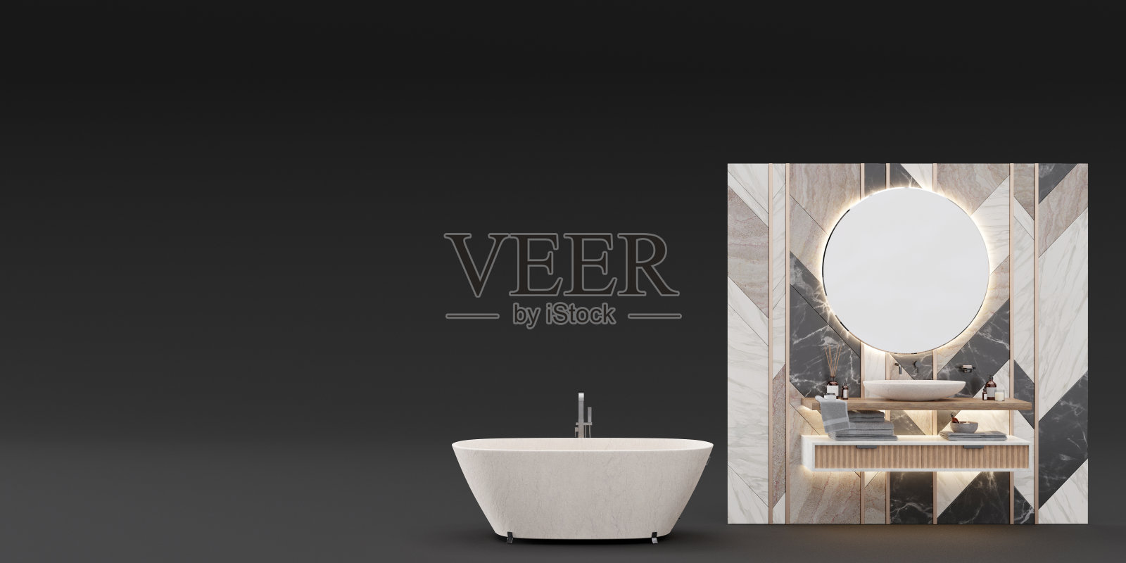 横幅与现代浴室家具，卫生洁具和复制空间为您的广告文本或标志。家具，洁具店，室内细节。出售。浴室内部项目。三维渲染照片摄影图片