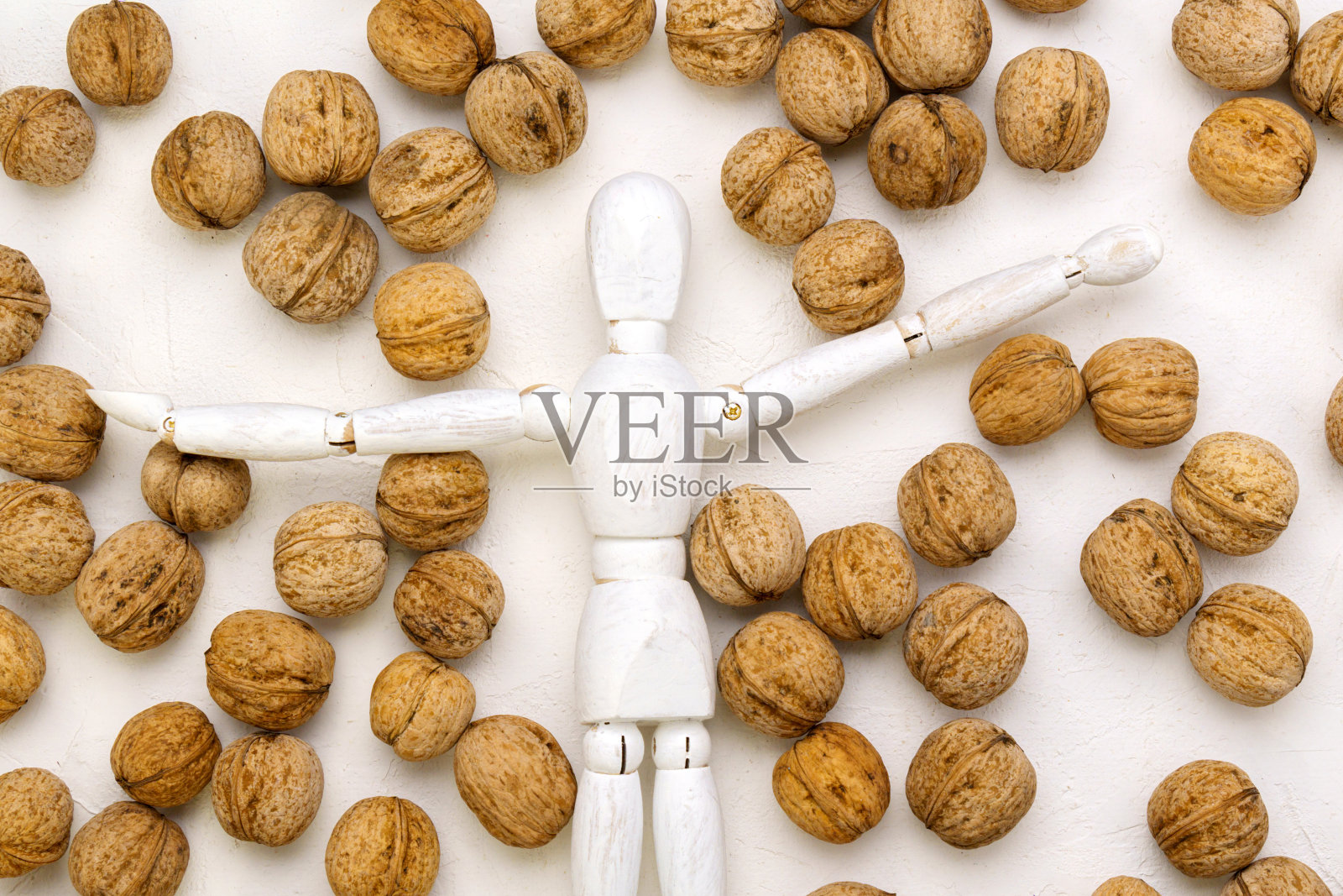 人脑的形状像核桃仁。胡桃白色背景的木制人体模型照片摄影图片