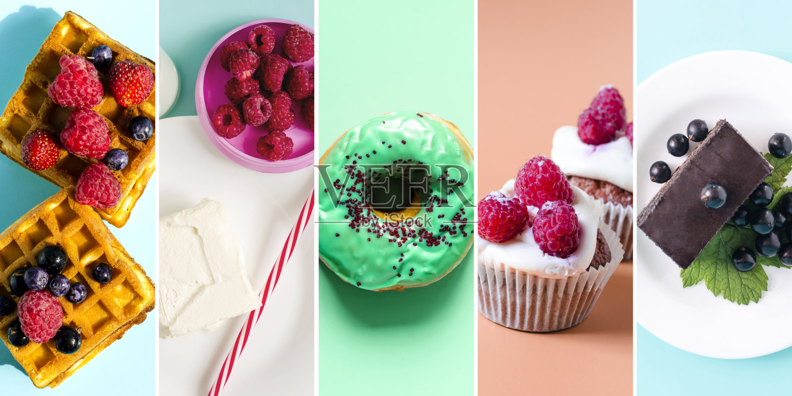 一组彩色甜点的图片。鲜艳的甜甜圈、冰淇淋、华夫饼、纸杯蛋糕和彩色背景的halva糖果拼贴画照片摄影图片