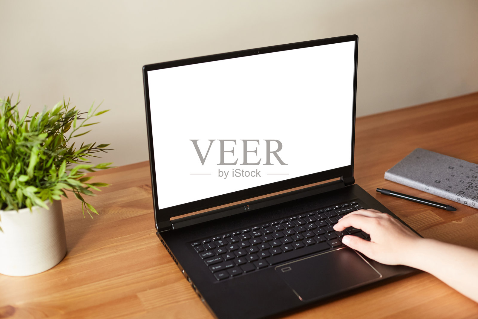 女人的双手在笔记本电脑上工作，白色的屏幕站在木制的办公桌上。剪切路径。照片摄影图片