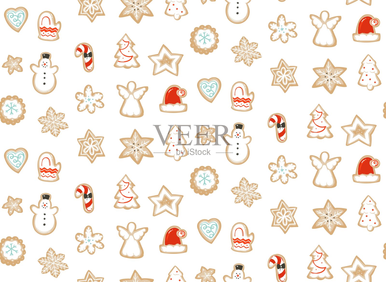 手绘矢量抽象有趣的圣诞快乐时间卡通插图无缝图案与烤姜饼饼干孤立在白色背景插画图片素材