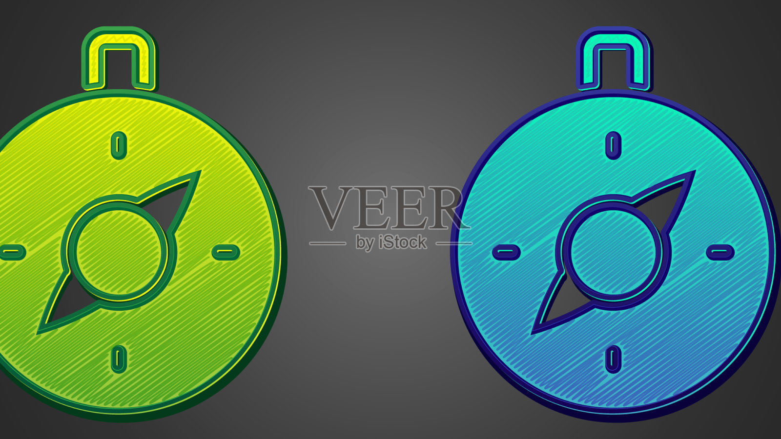 绿色和蓝色罗盘图标孤立在黑色上插画图片素材