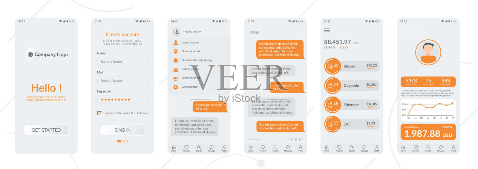 手机应用加密货币钱包设计，聊天室，UI, UX, GUI。设置用户注册界面，包括登录和密码输入，账号登录，注册，主页。模板的应用程序。用户界面设计插画图片素材