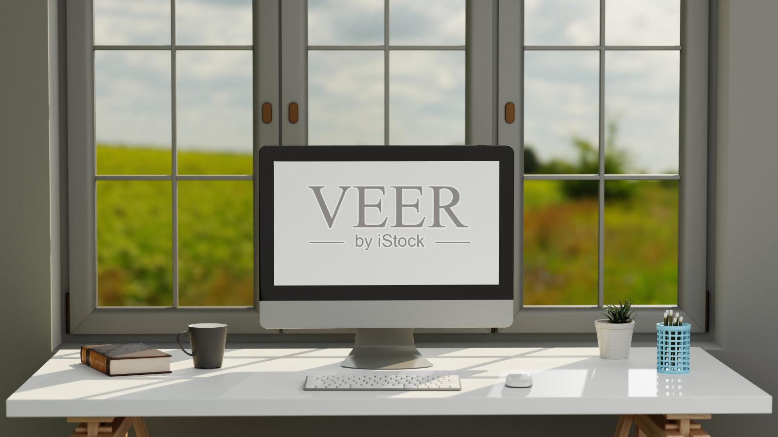 黑屏台式电脑在一个最小的办公室装饰和复制空间，3d渲染照片摄影图片