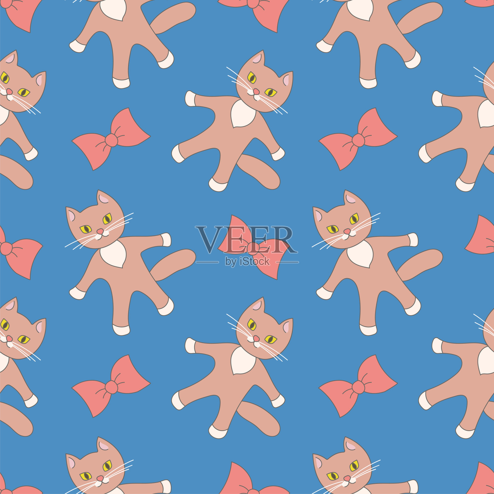 手绘矢量插图的无缝模式的可爱的猫。小猫和蝴蝶结的印刷设计，儿童印刷草图插画图片素材