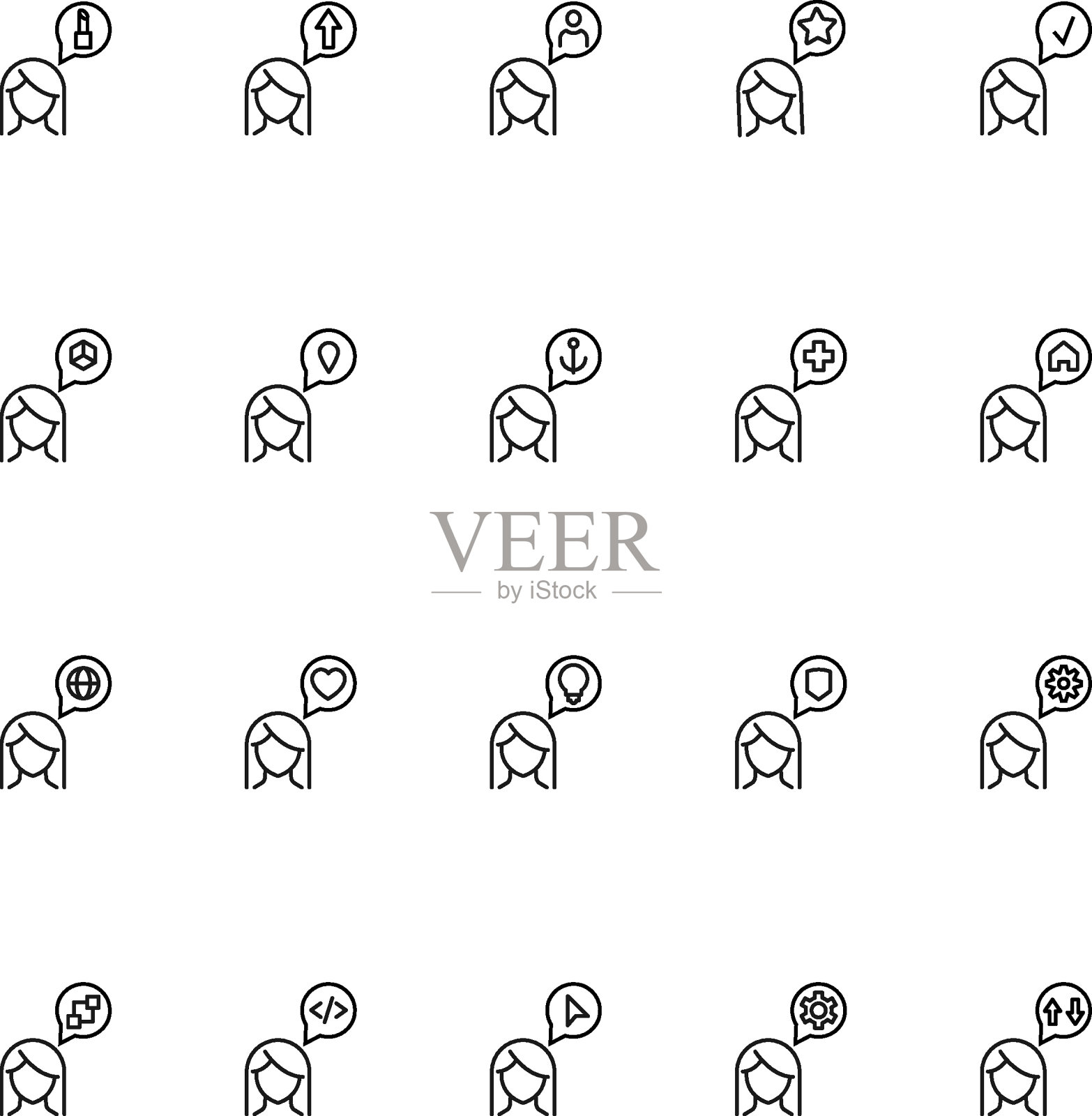 女人的思想和想法。行图标集。矢量标志的箭头，地理标志，用户，盾牌，星号，检查，齿轮，唇膏，地球仪，心等内的语音泡沫由女人图标素材