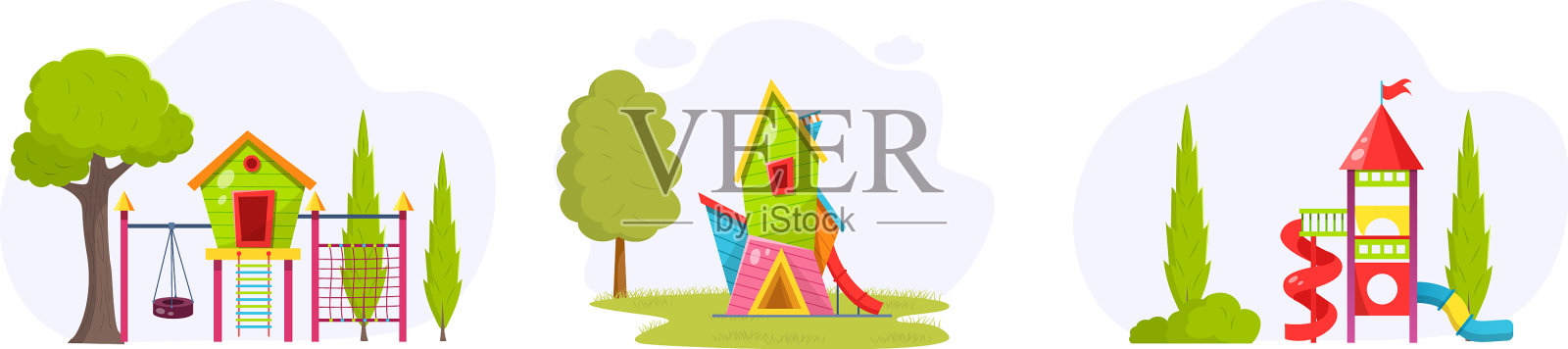一套儿童游乐场设备，有滑梯和插画图片素材