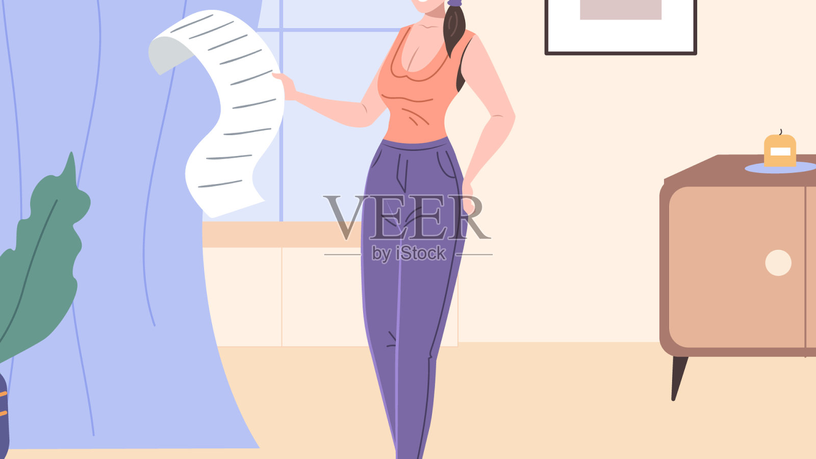 欢快的年轻女子看着要做的事情清单插画图片素材