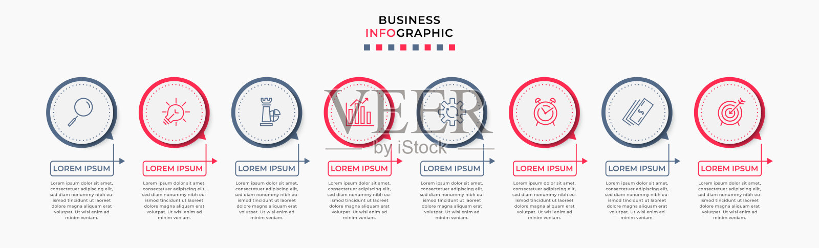矢量信息图设计业务模板与图标和8个选项或步骤。可用于流程图、演示文稿、工作流布局、横幅、流程图、信息图插画图片素材