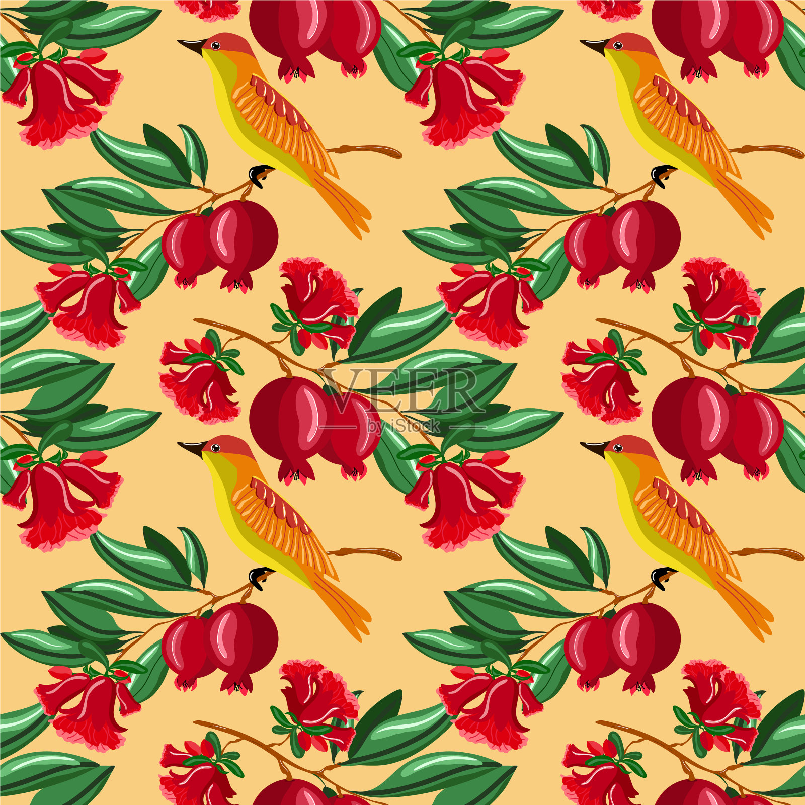 热带无缝图案与红石榴插画图片素材