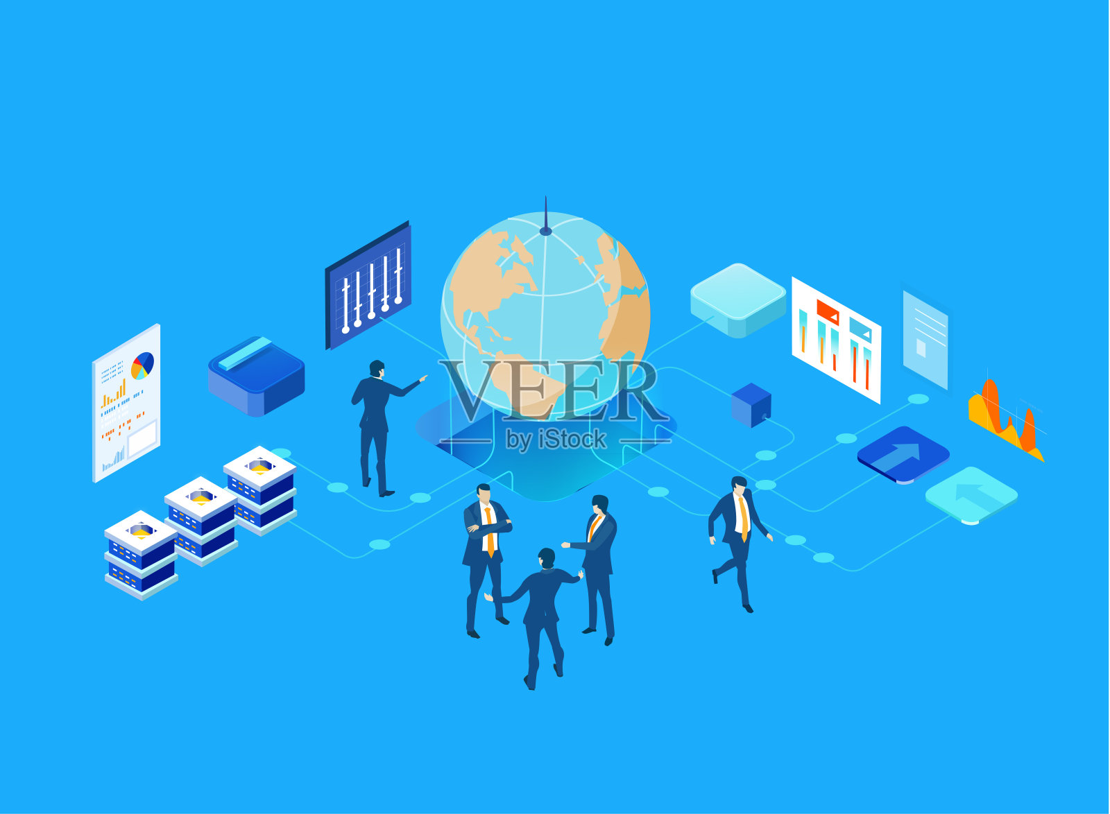 业务人员在服务器室工作和交流的等距业务环境。挖掘数据概念、技术、成功、互联网、数据保护和个人安全插画图片素材