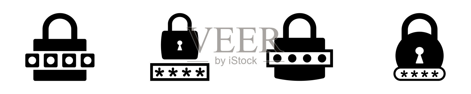 锁密码向量图标的集合。挂锁和密码。受保护的象征。图标素材