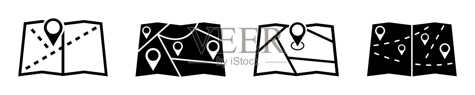 一套位置纸地图。公路旅行。Gps，指针在地图上。插画图片素材