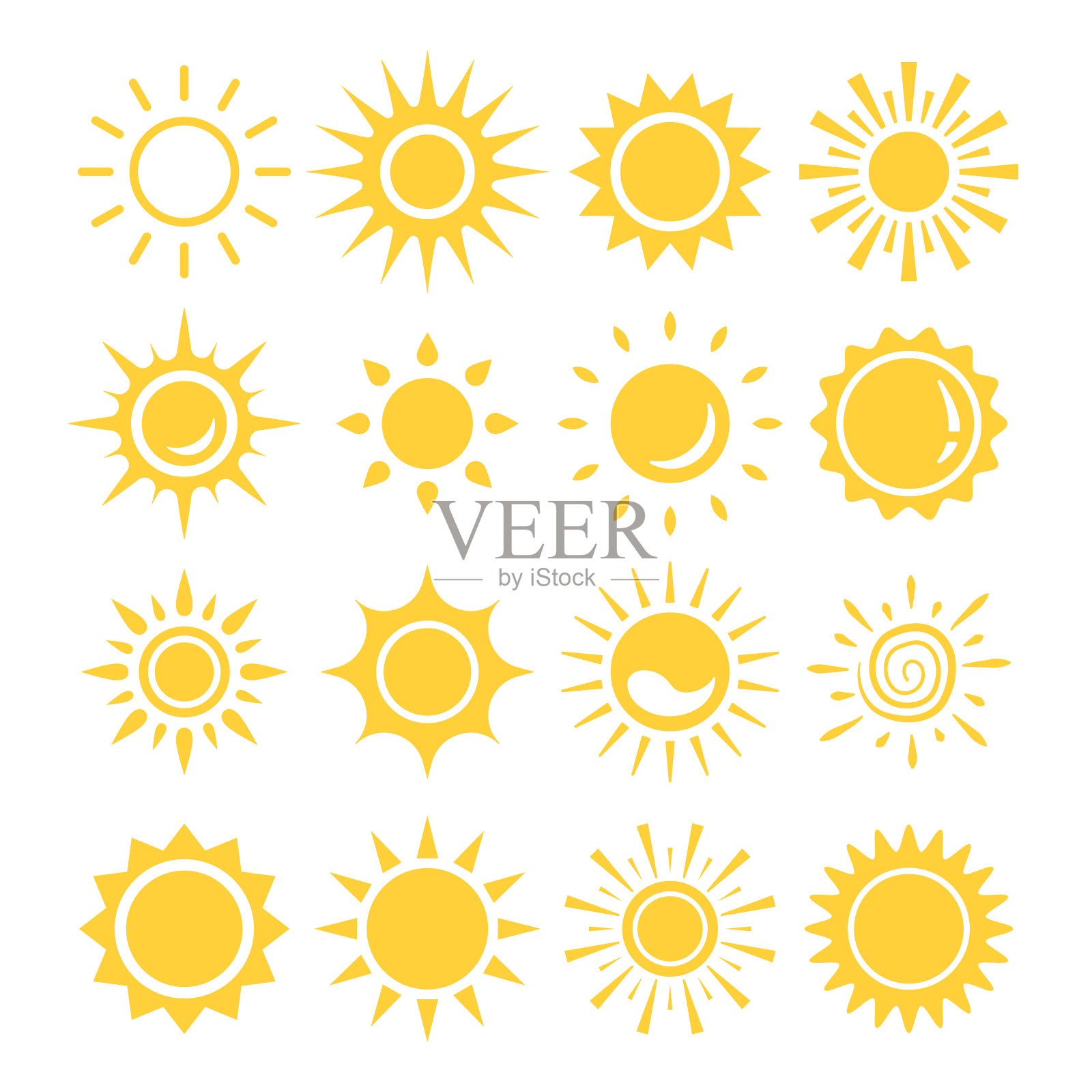 太阳图标。黄色太阳符号。阳光,太阳射线。矢量图插画图片素材