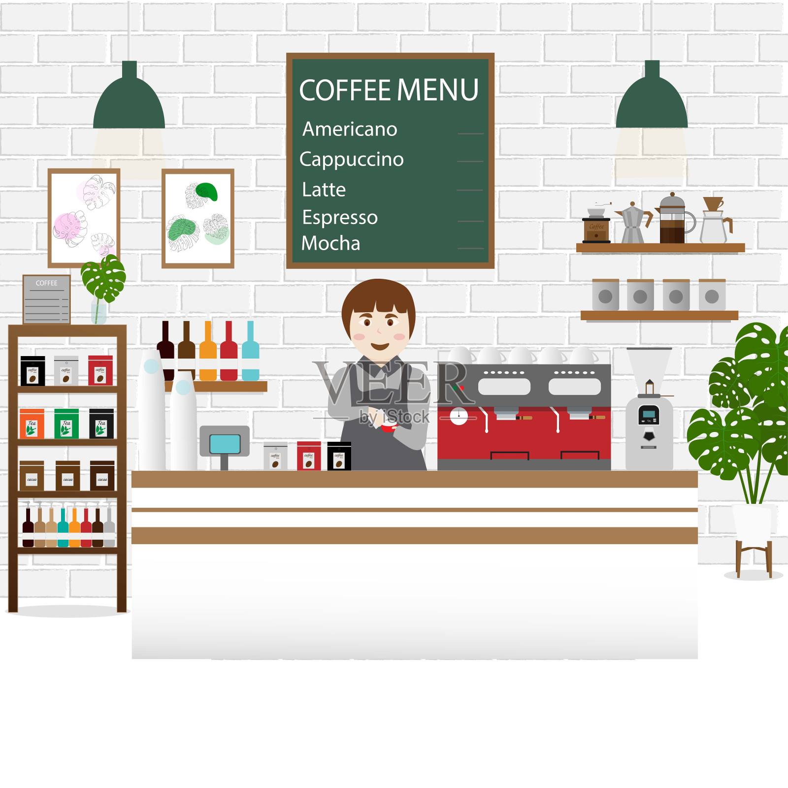 咖啡厅或咖啡店的咖啡师。向量插画图片素材