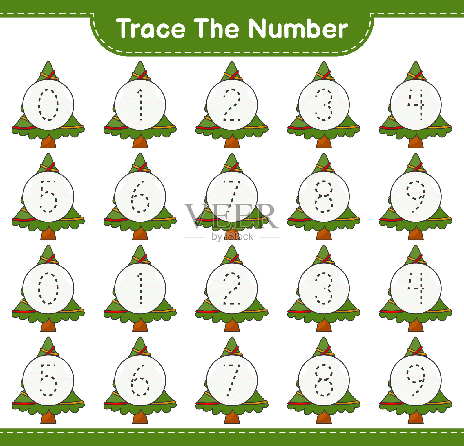 跟踪号码。用圣诞树跟踪号码。教育儿童游戏，可打印的工作表，矢量插图插画图片素材