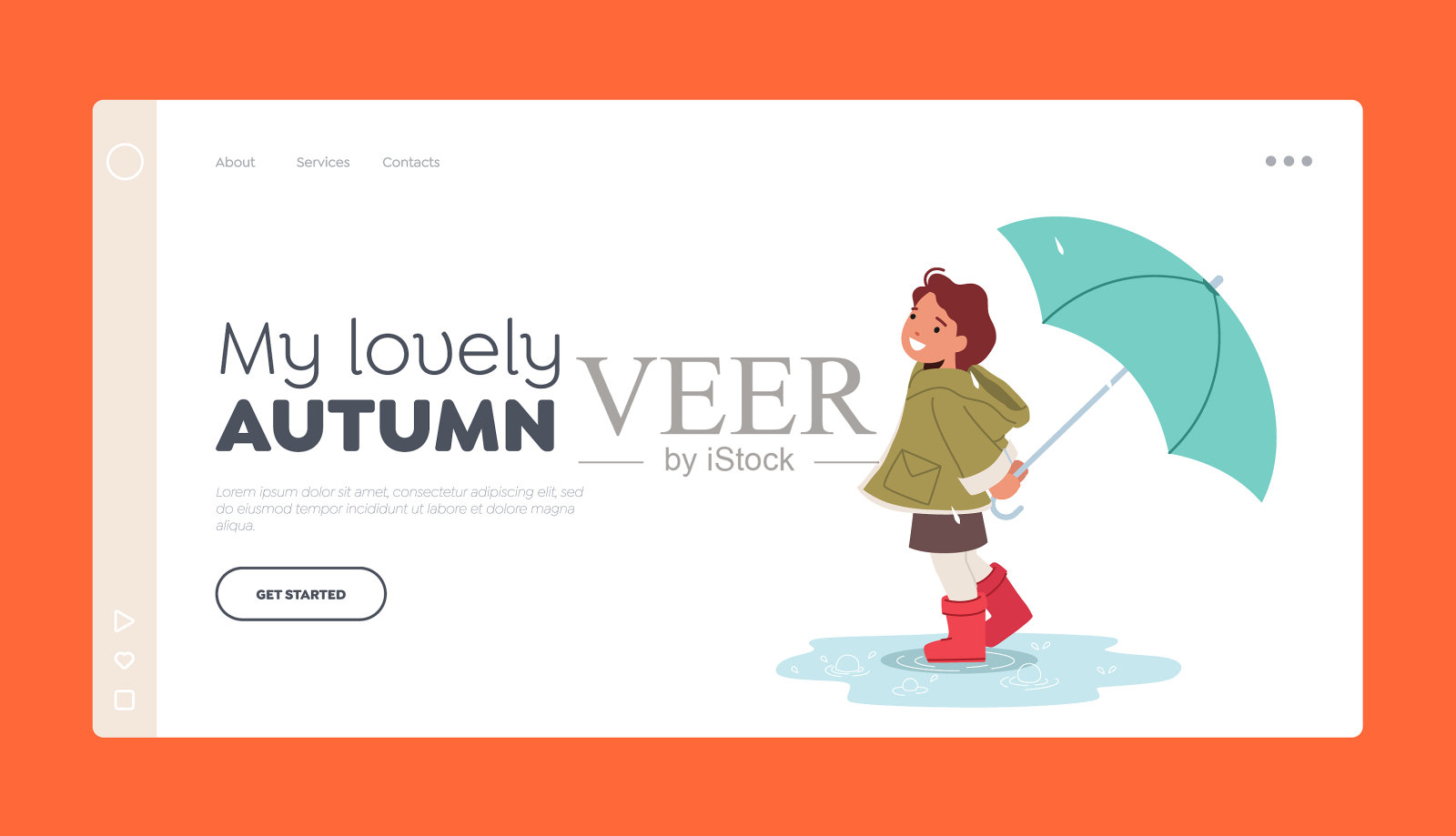 快乐的小女孩撑着伞走在街上插画图片素材