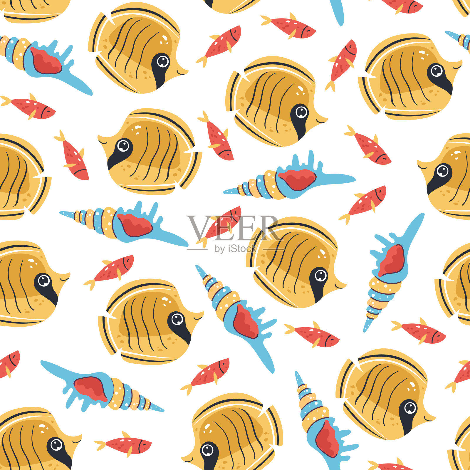 鱼、海洋生物、海洋动物无缝图案背景概念。矢量孤立图形设计插图插画图片素材