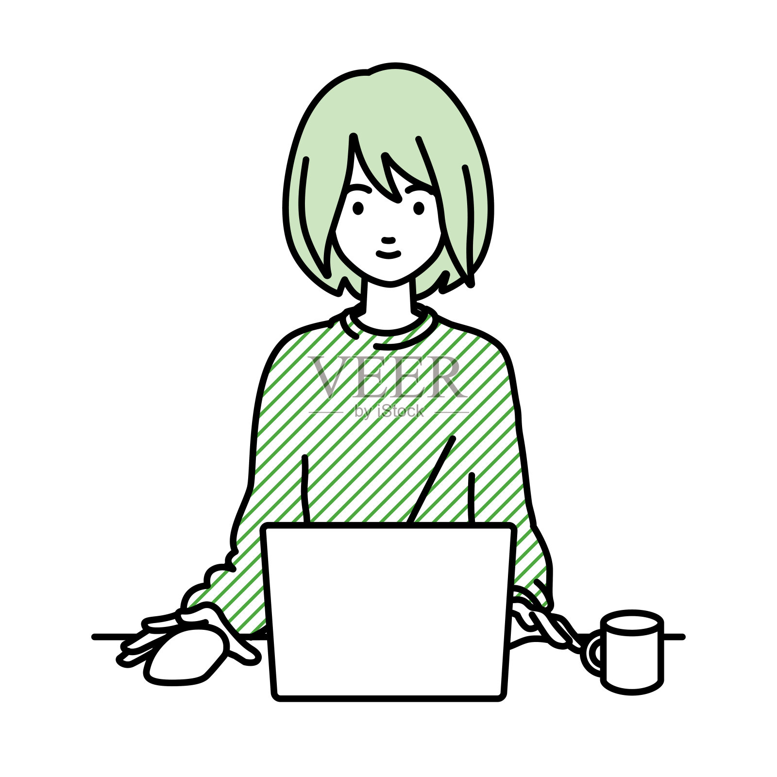 一个休闲风格的女人拿着马克杯在办公桌前使用笔记本电脑插画图片素材